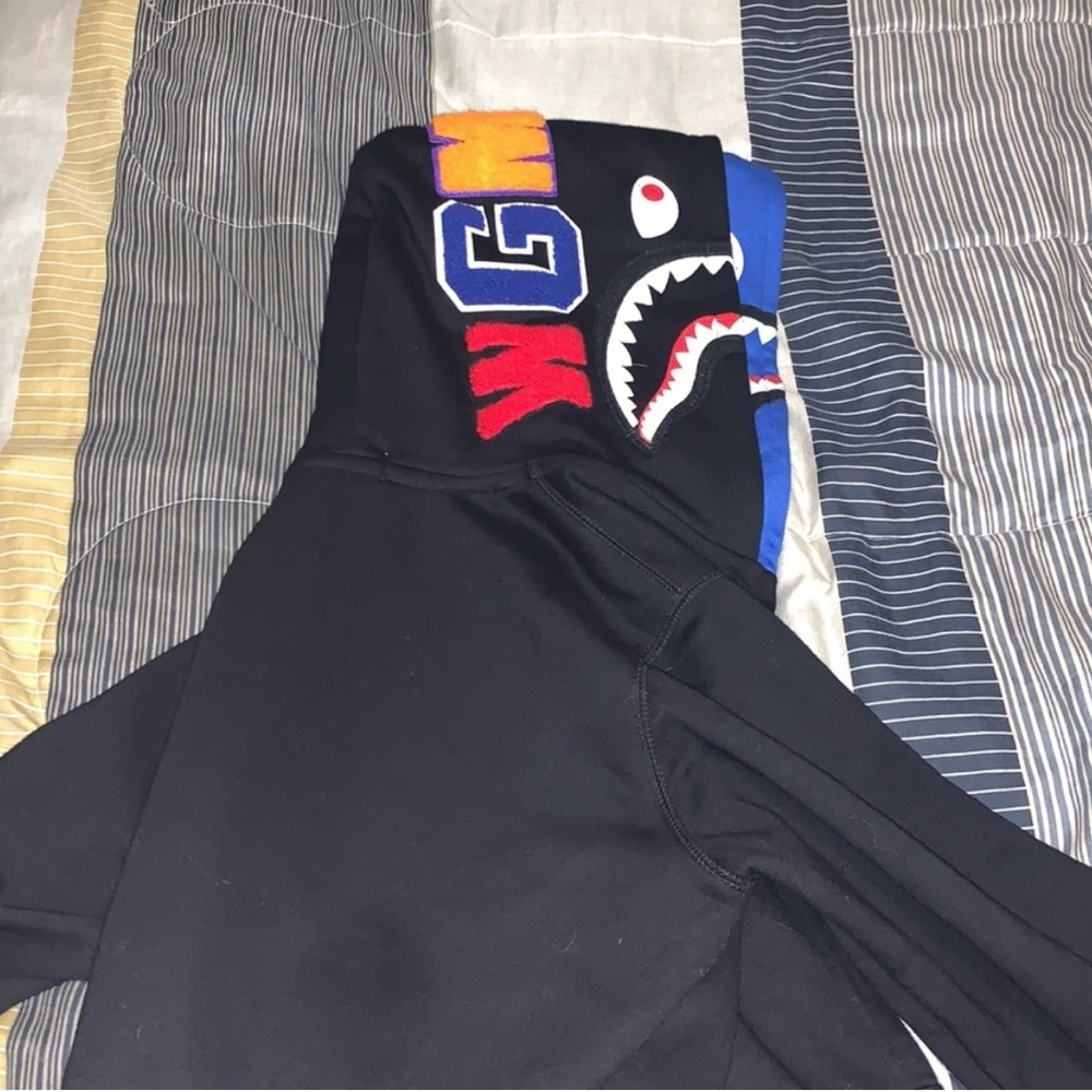 Bape jacket double hood full zip up blue and black